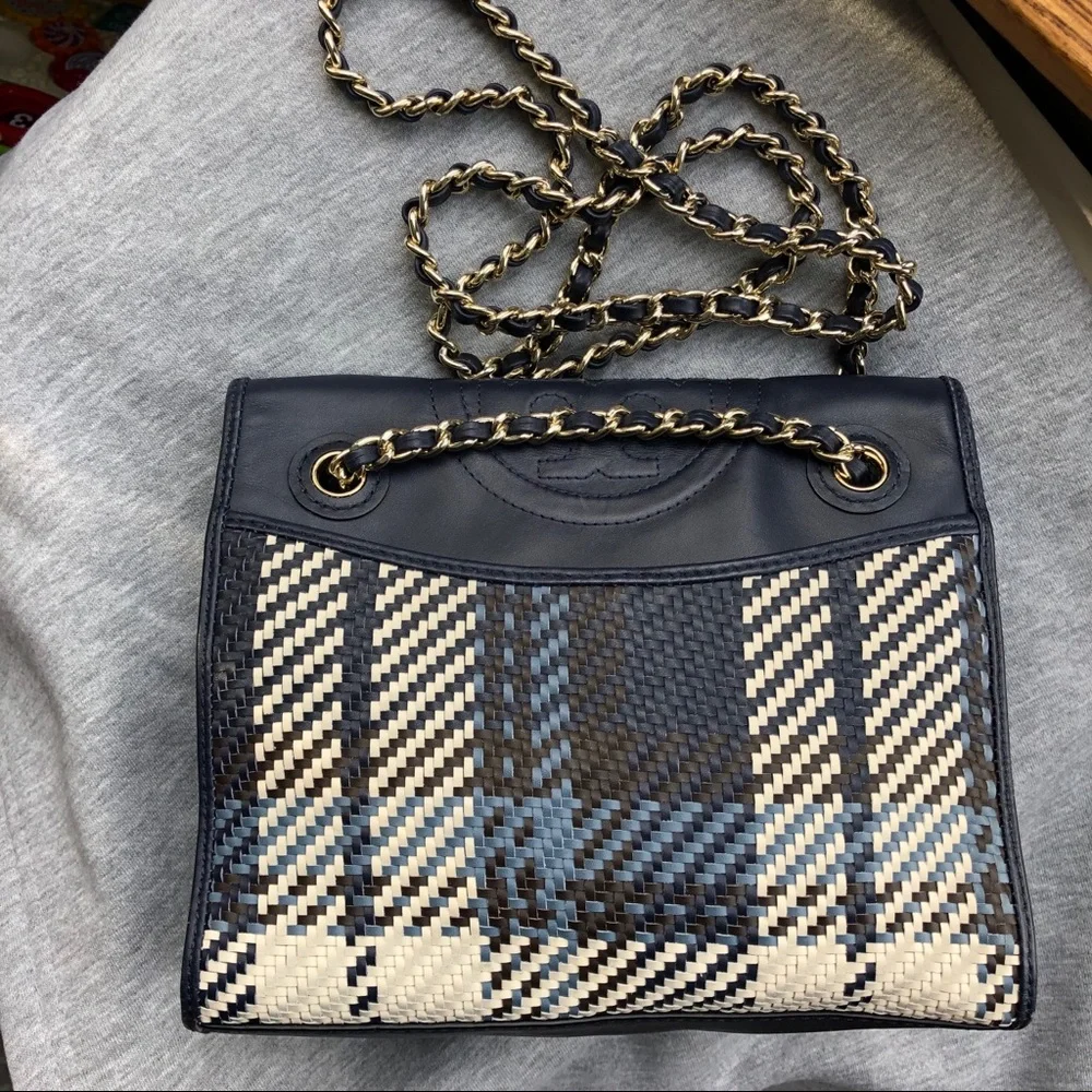 Tory Burch Navy Blue and White Woven Crossbody Bag